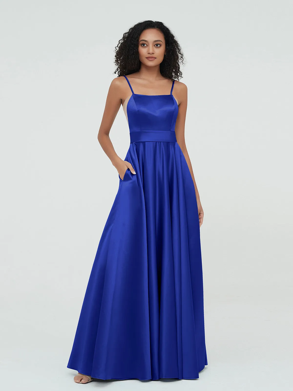 A-ligne Bretelles Spaghetti Robes Maxi en Satin Bleu Royale