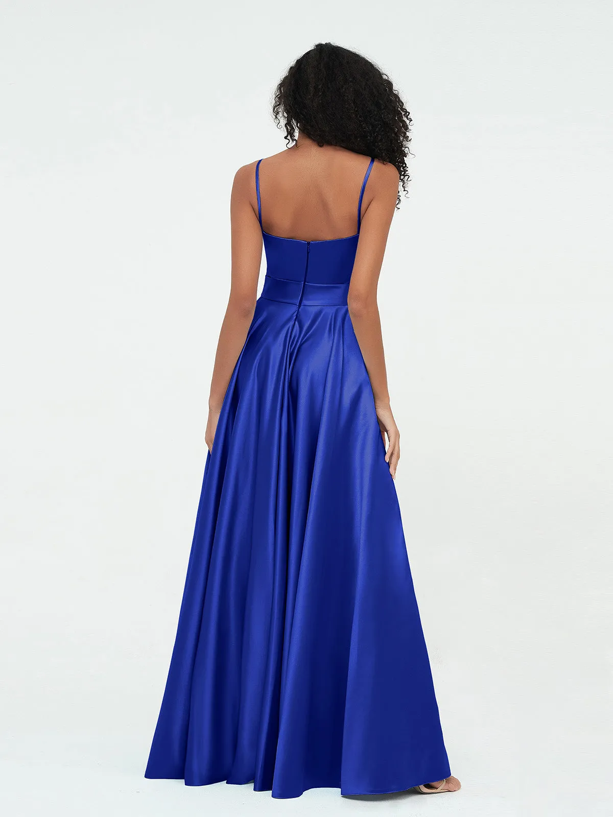 A-ligne Bretelles Spaghetti Robes Maxi en Satin Bleu Royale