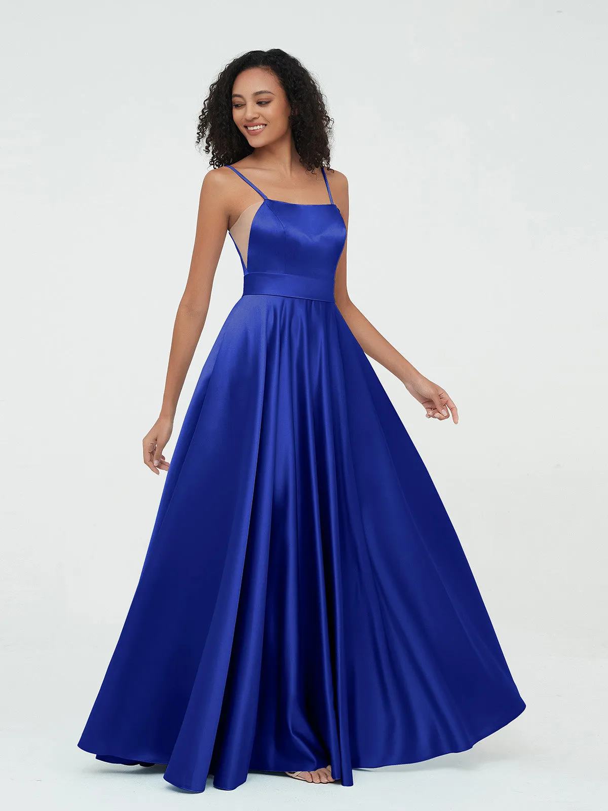 A-ligne Bretelles Spaghetti Robes Maxi en Satin Bleu Royale