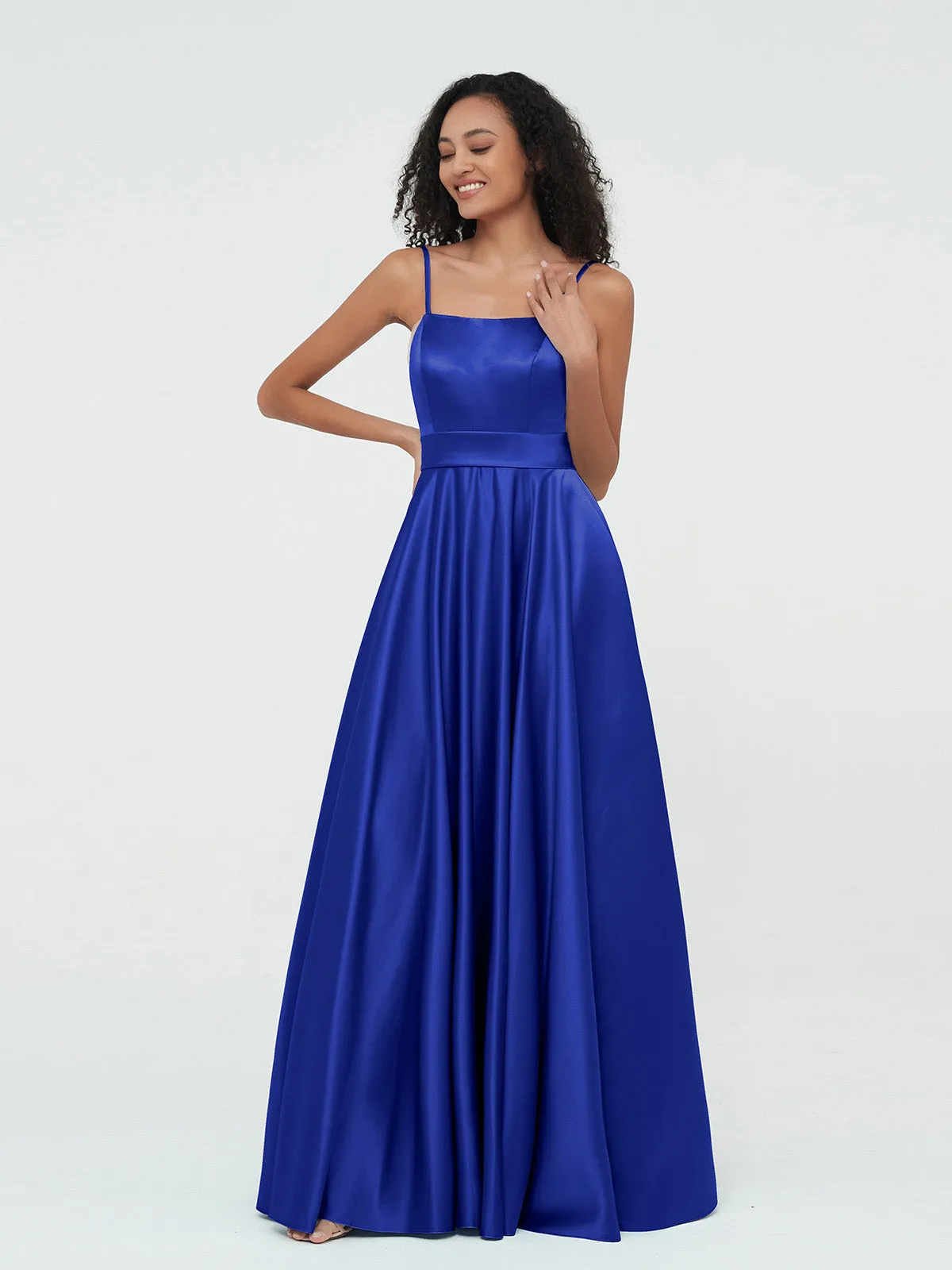 A-ligne Bretelles Spaghetti Robes Maxi en Satin Bleu Royale