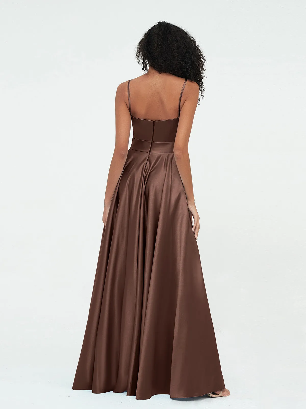 A-ligne Bretelles Spaghetti Robes Maxi en Satin Chocolat Grande Taille