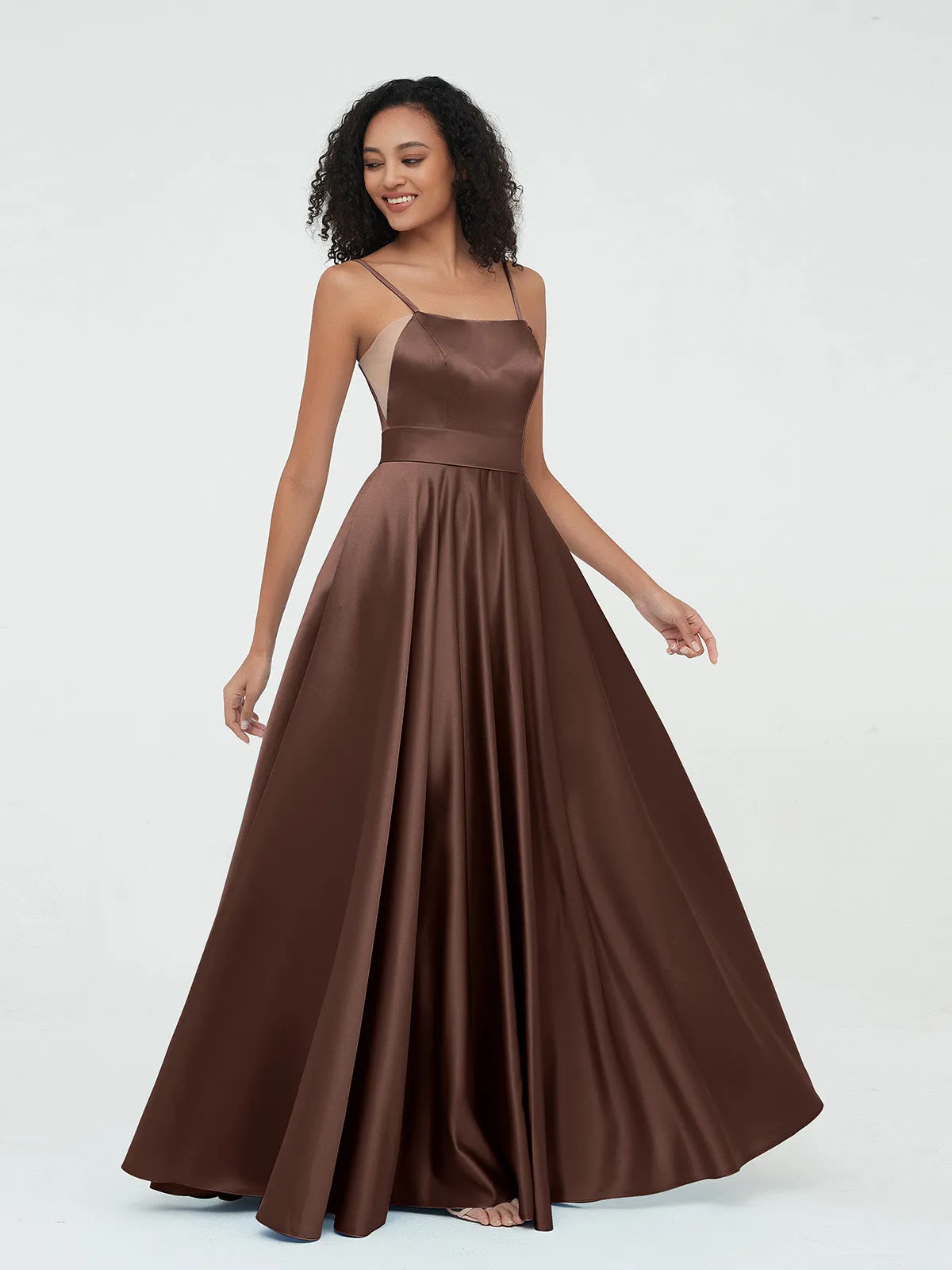 A-ligne Bretelles Spaghetti Robes Maxi en Satin Chocolat Grande Taille