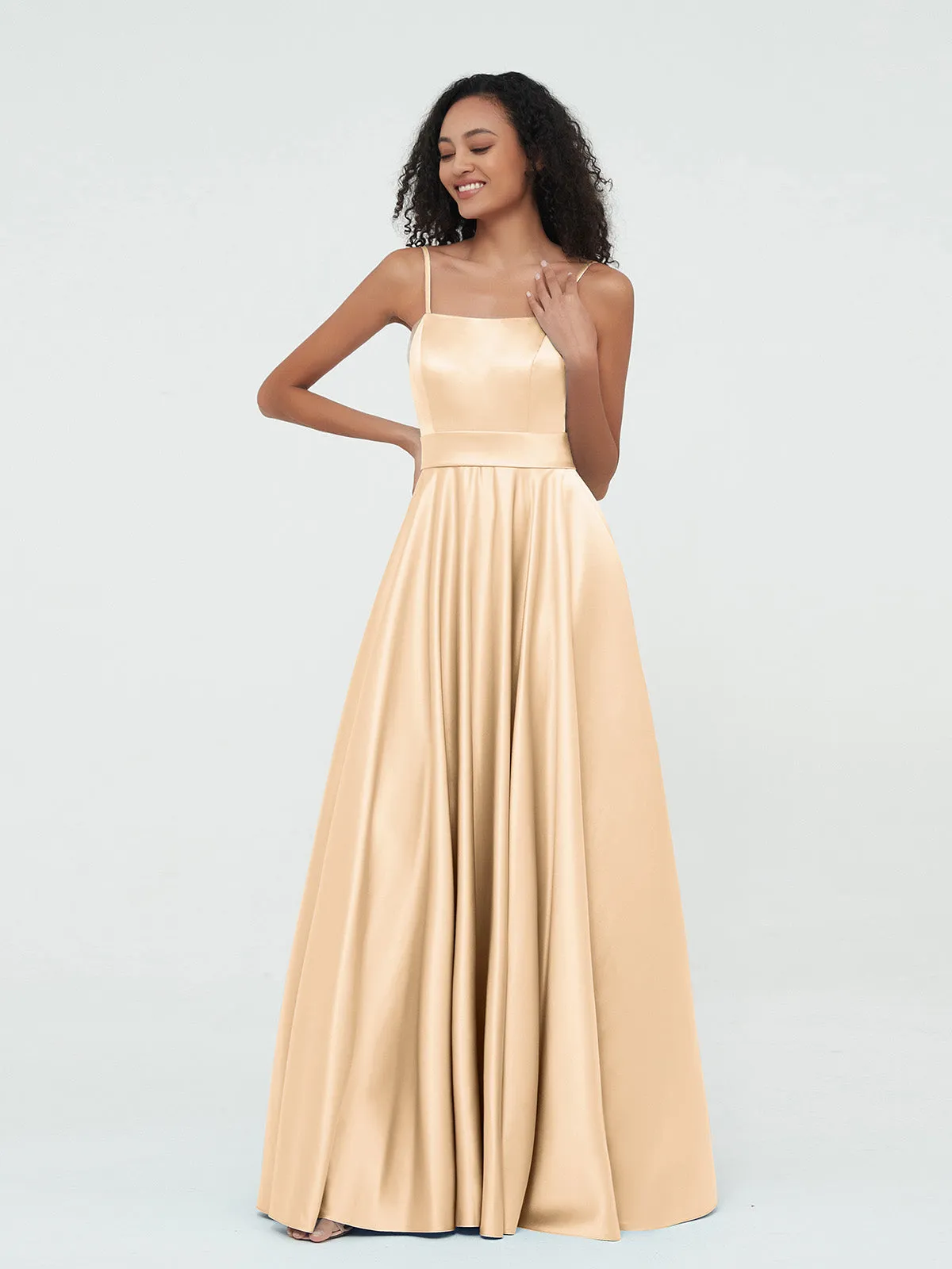 A-ligne Bretelles Spaghetti Robes Maxi en Satin Pêche