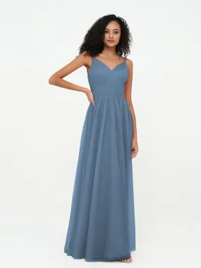 Bretelles Spaghetti Robes Maxi Plissé en Tulle Bleu de Schiste