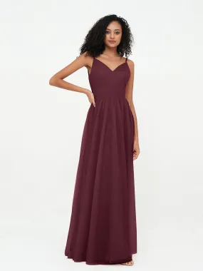 Bretelles Spaghetti Robes Maxi Plissé en Tulle Cabernet