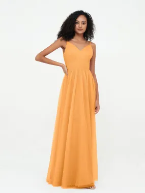 Bretelles Spaghetti Robes Maxi Plissé en Tulle Mandarine