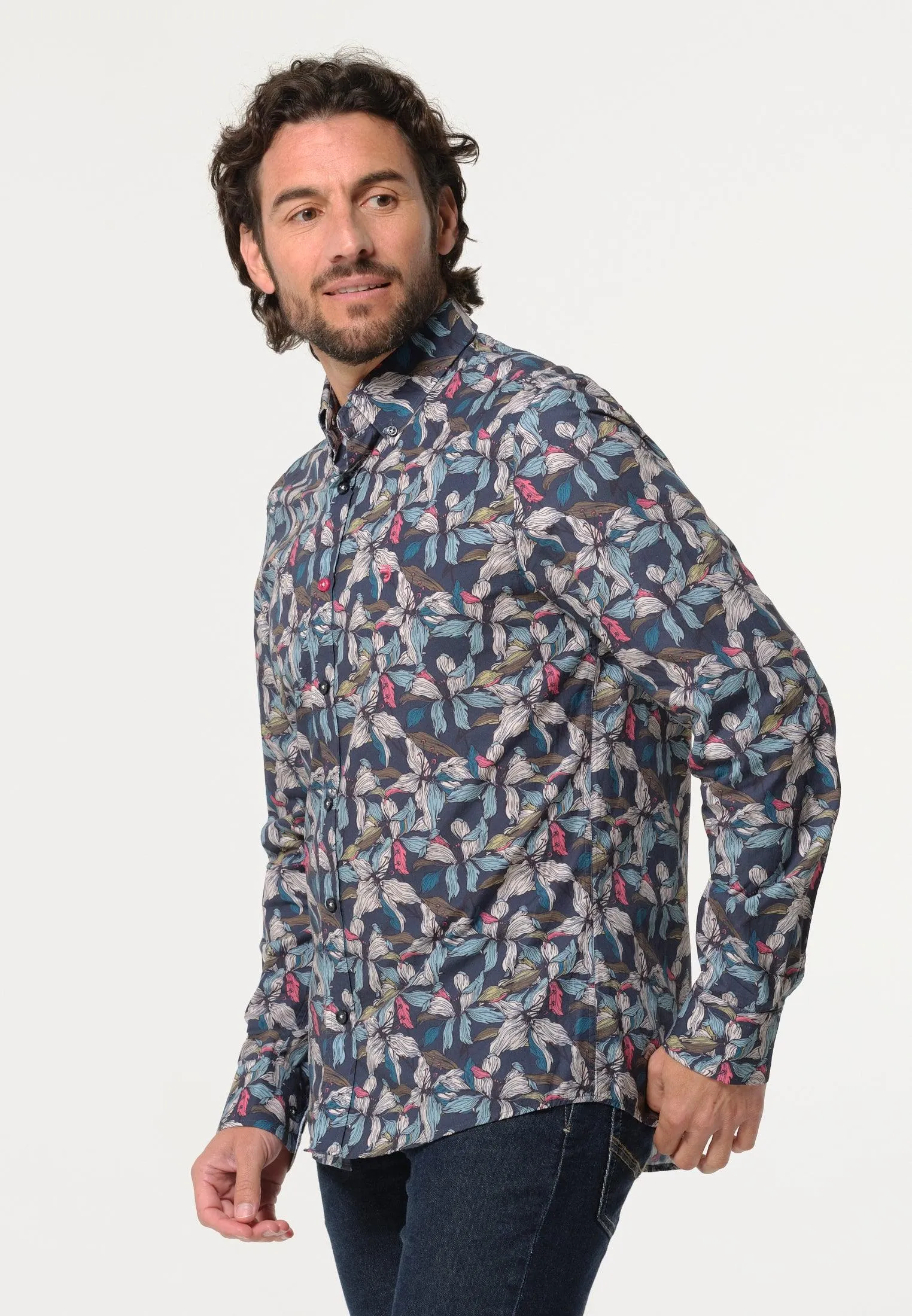 Chemise homme bleue marine avec feuilles stylisées