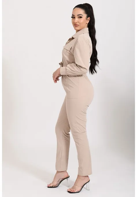 Combinaison pantalon à poches beige tendance pour femmes