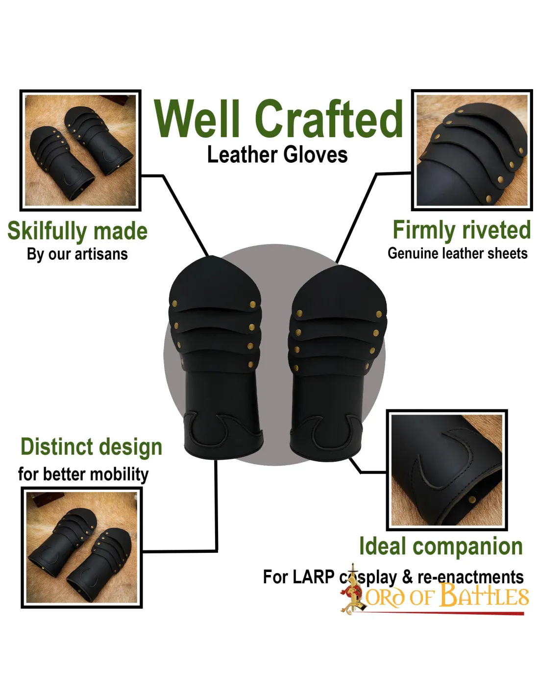Gants médiévaux en cuir laiton riveté LARP ⚔️ Boutique Épées