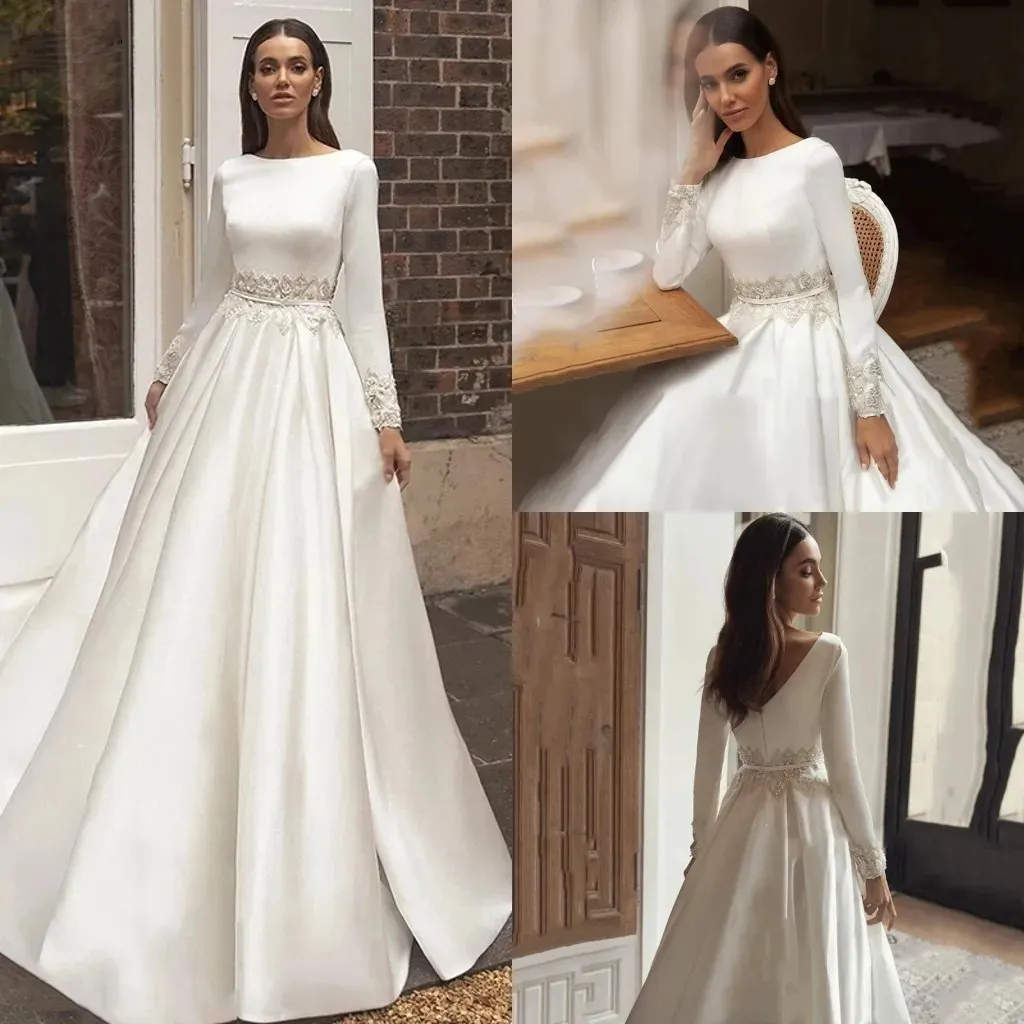 Modeste Satin A Ligne Robes De Mariée Pour La Mariée Bijou Couche Appliquée Châssis Boho Robes Nuptiales Simples Avec Des Manche