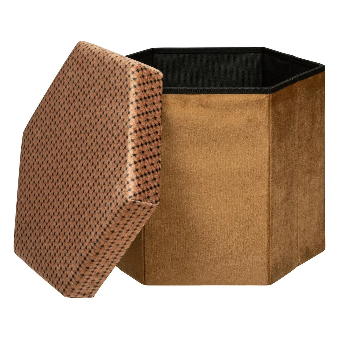 Pouf pliant hexagonal marron caramel en velours 