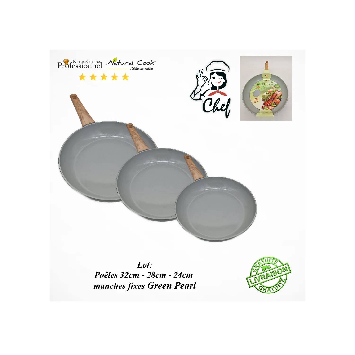 Poêles 24-28-32cm manches fixes céramique GREEN PEARL