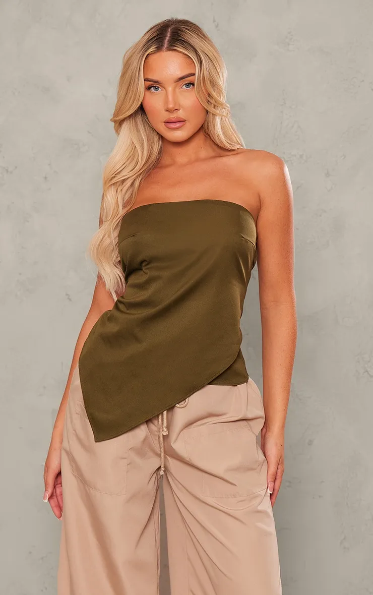 Top bustier tissé vert olive à bordures asymétriques